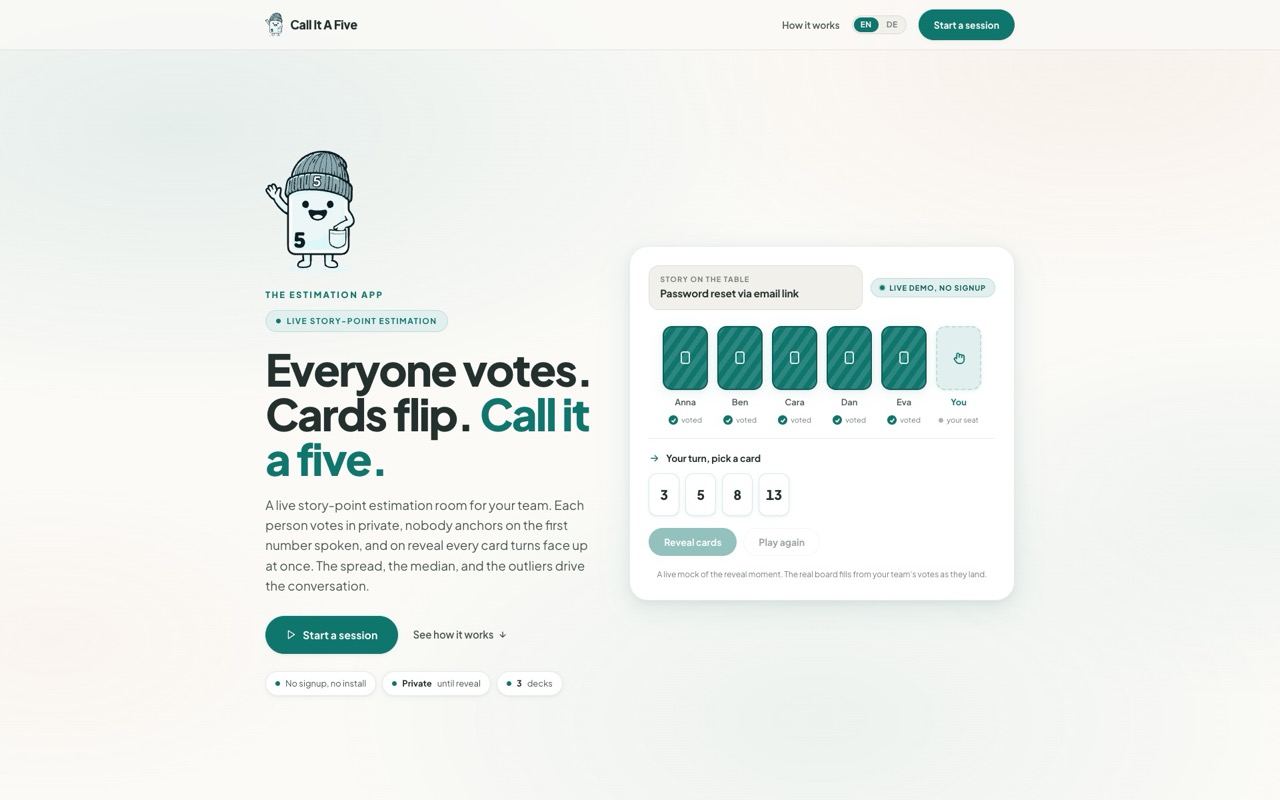 Call It A Five home page: a live story-point estimation room where everyone votes and cards flip.