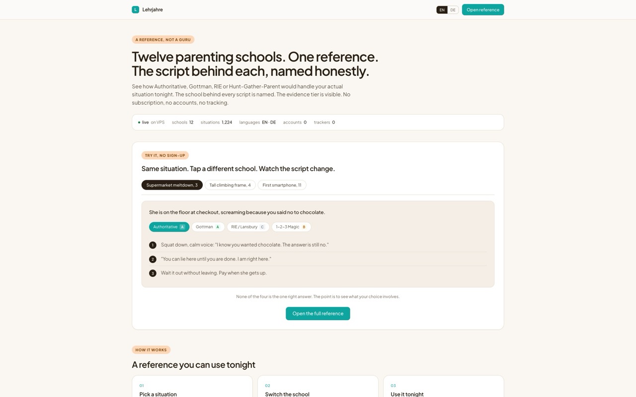 Lehrjahre home page: a calm, practical parenting reference.