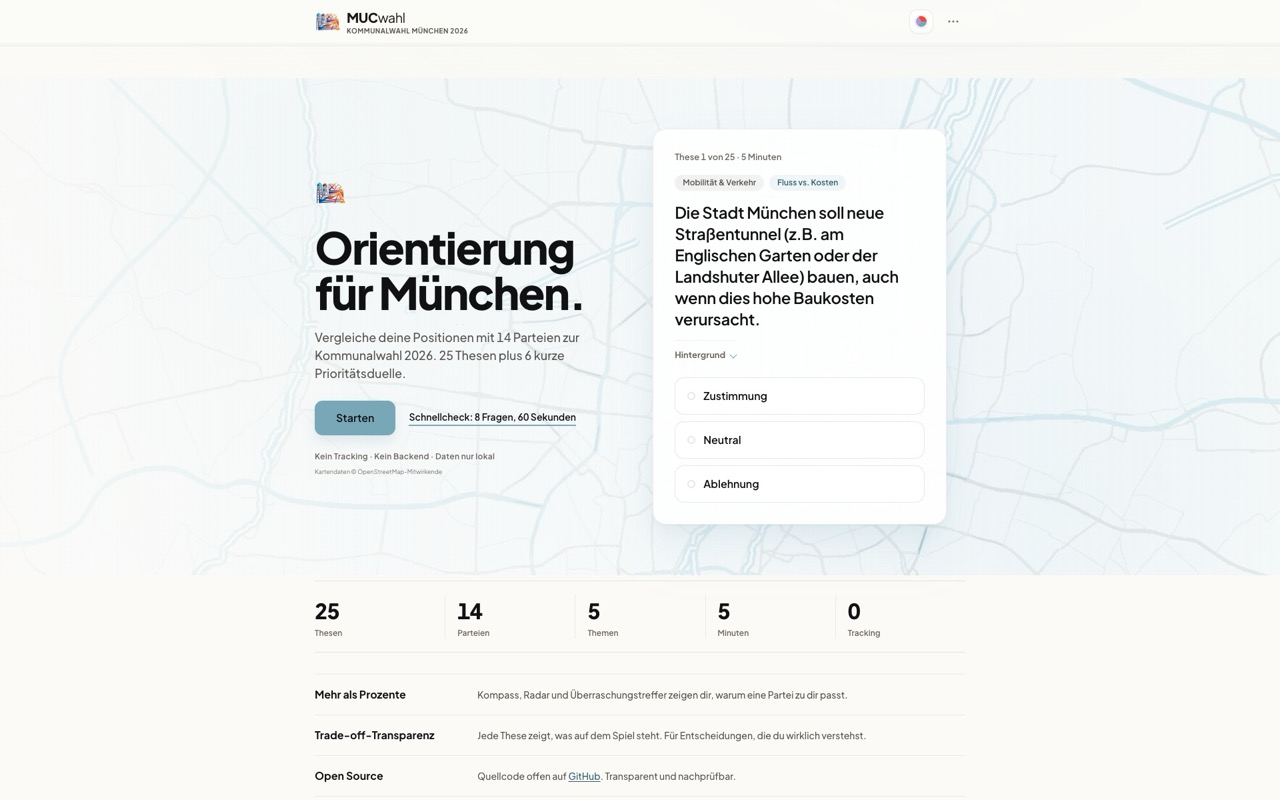 mucwahl.de home page: Munich's local election made comparable across parties and theses.