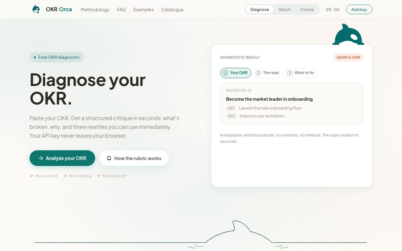 OKR Orca home page: paste an OKR and get a scored diagnostic with three rewrites.