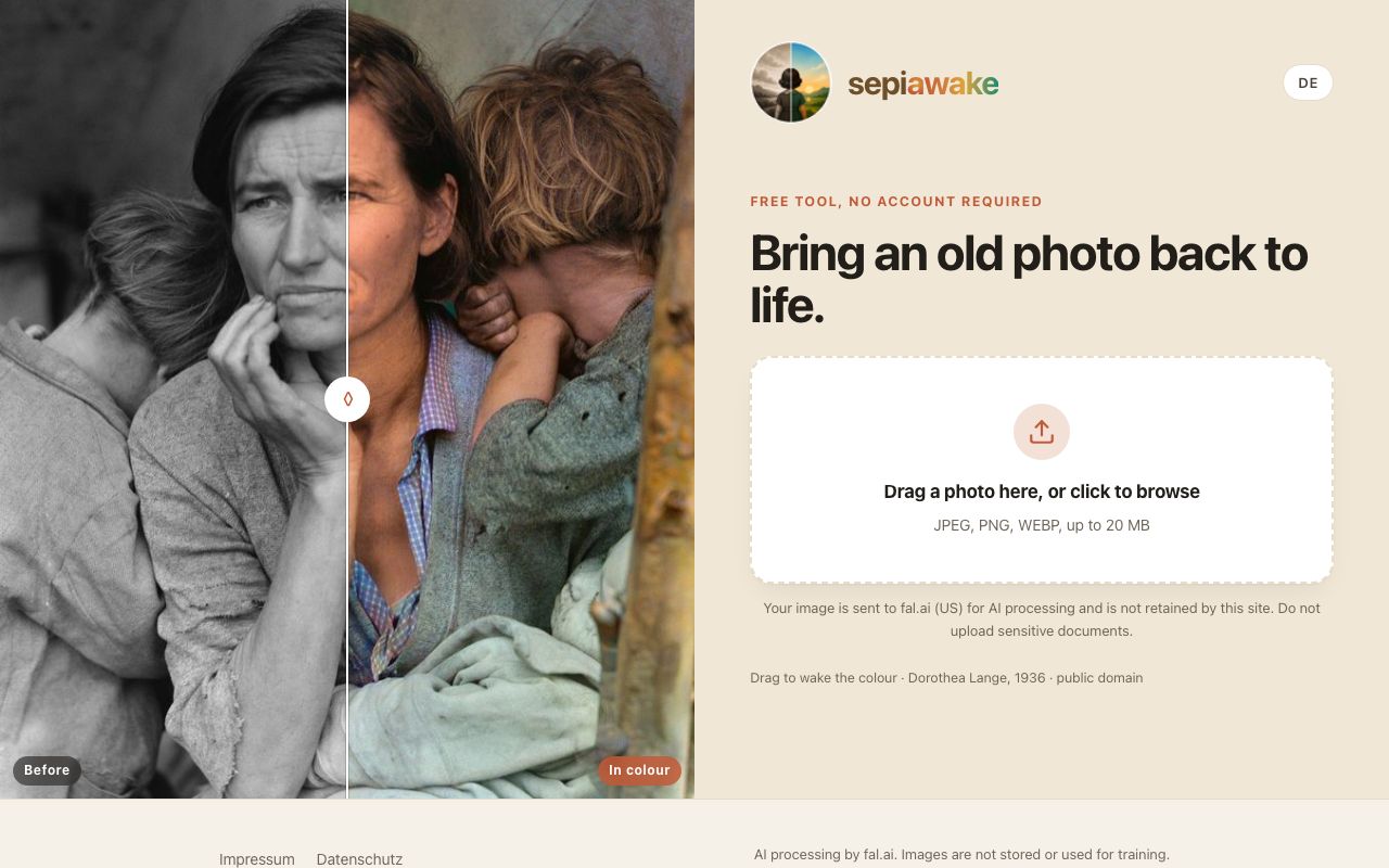 sepiawake home page: old family photos revived in the browser.