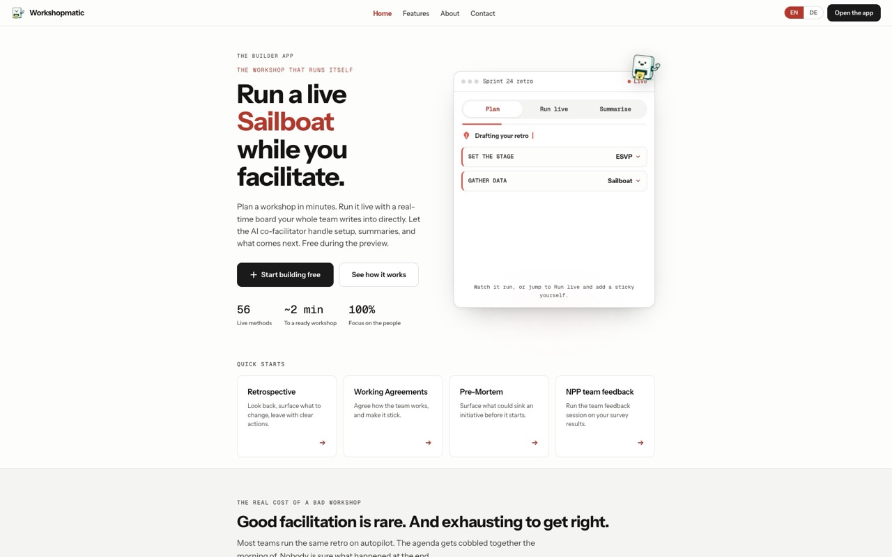 Workshopmatic home page: the workshop that runs itself while you facilitate, showing a live method board.